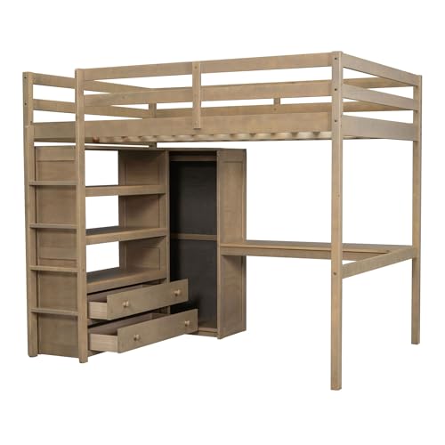 White Full Size Wood Loft Bed with Desk and Wardrobe E450