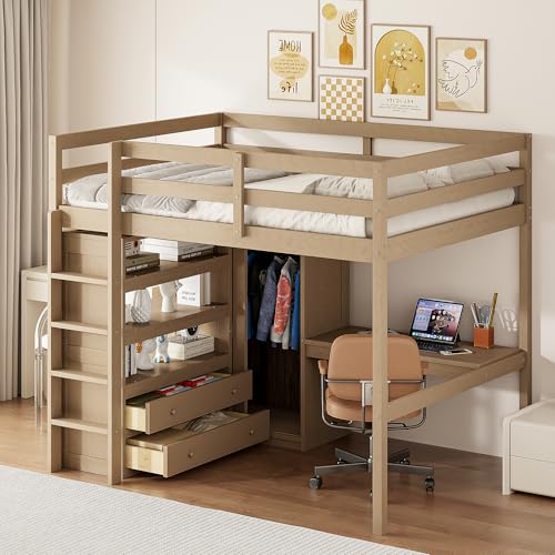 White Full Size Wood Loft Bed with Desk and Wardrobe E450