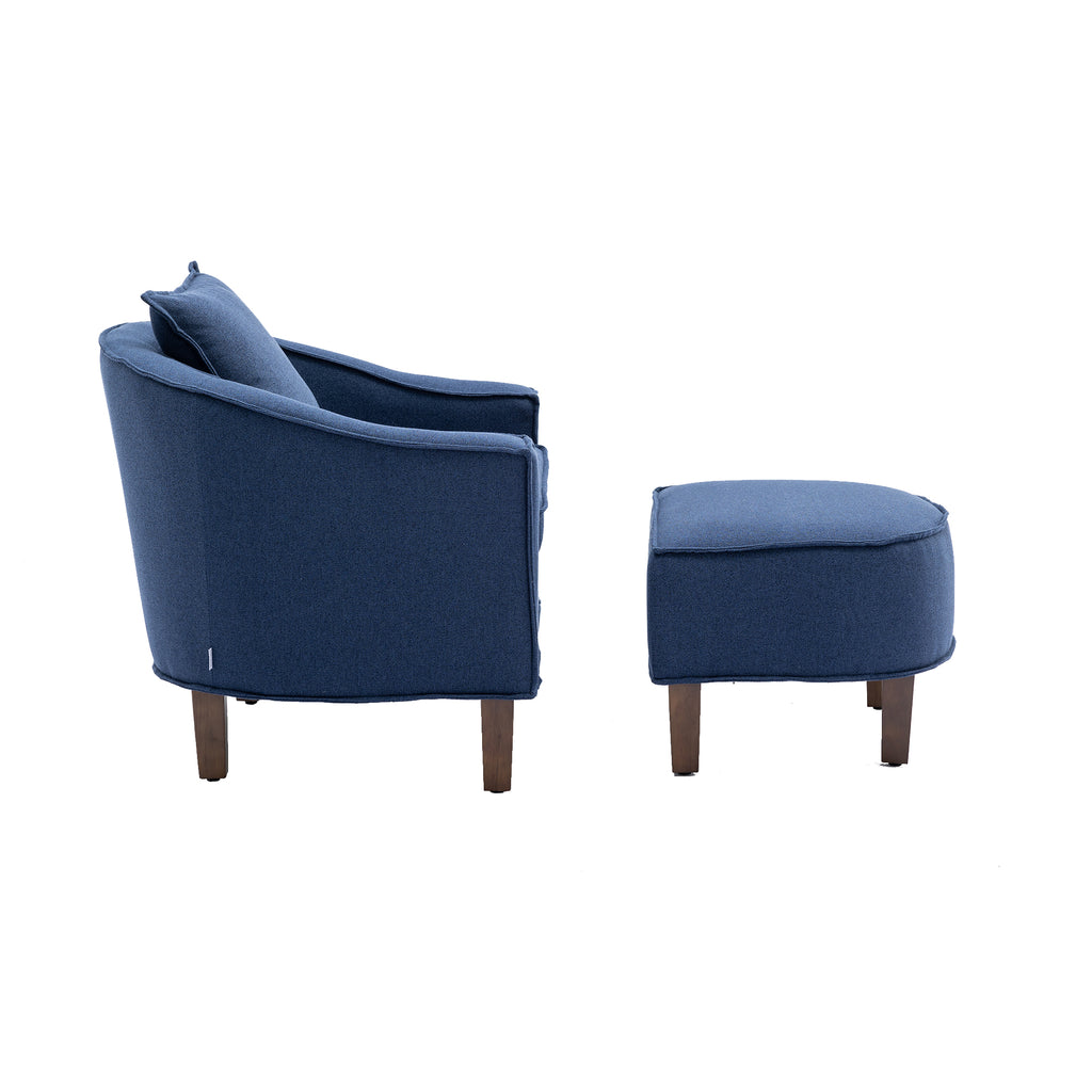Navy Linen Accent Chair with Ottoman and Wood Legs G31988