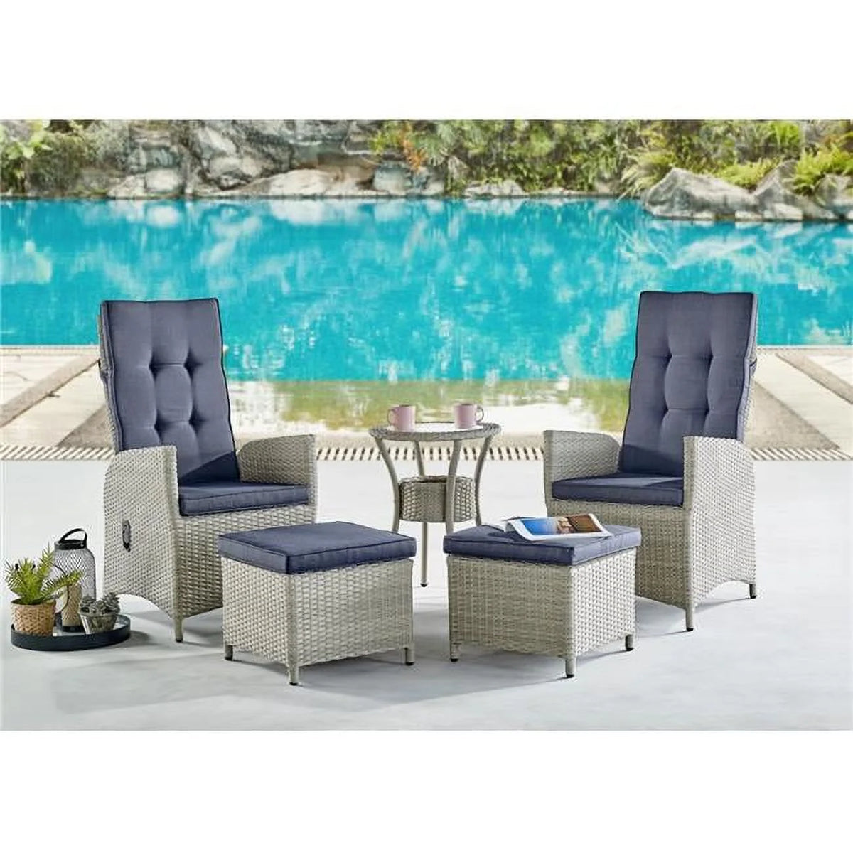 All-Weather Wicker Outdoor Recliners with Ottomans & Glass Top Table Set of 2 P4582