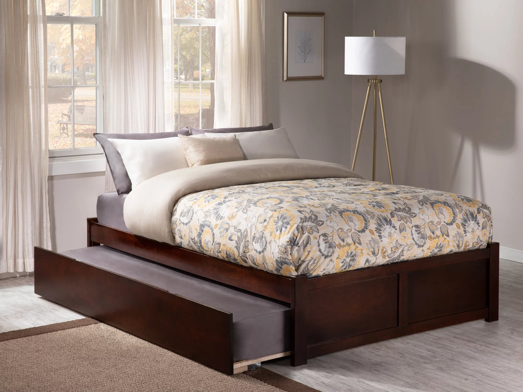 King Solid Wood Platform Bed with Footboard and Twin XL Trundle in Walnut U5774