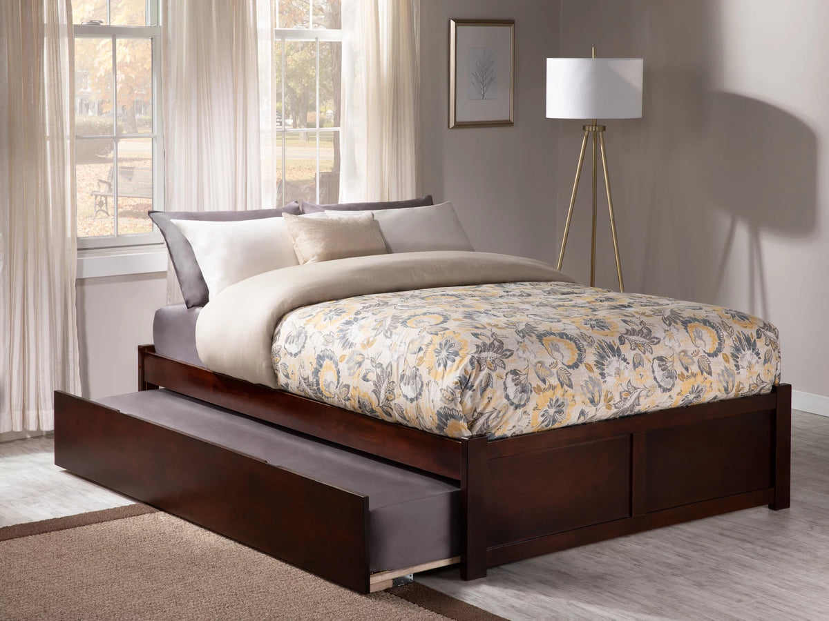 King Solid Wood Platform Bed with Footboard and Twin XL Trundle in Walnut U5774