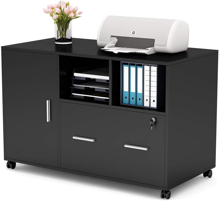 White Mobile Lateral File Cabinet with Lock and Drawer W371