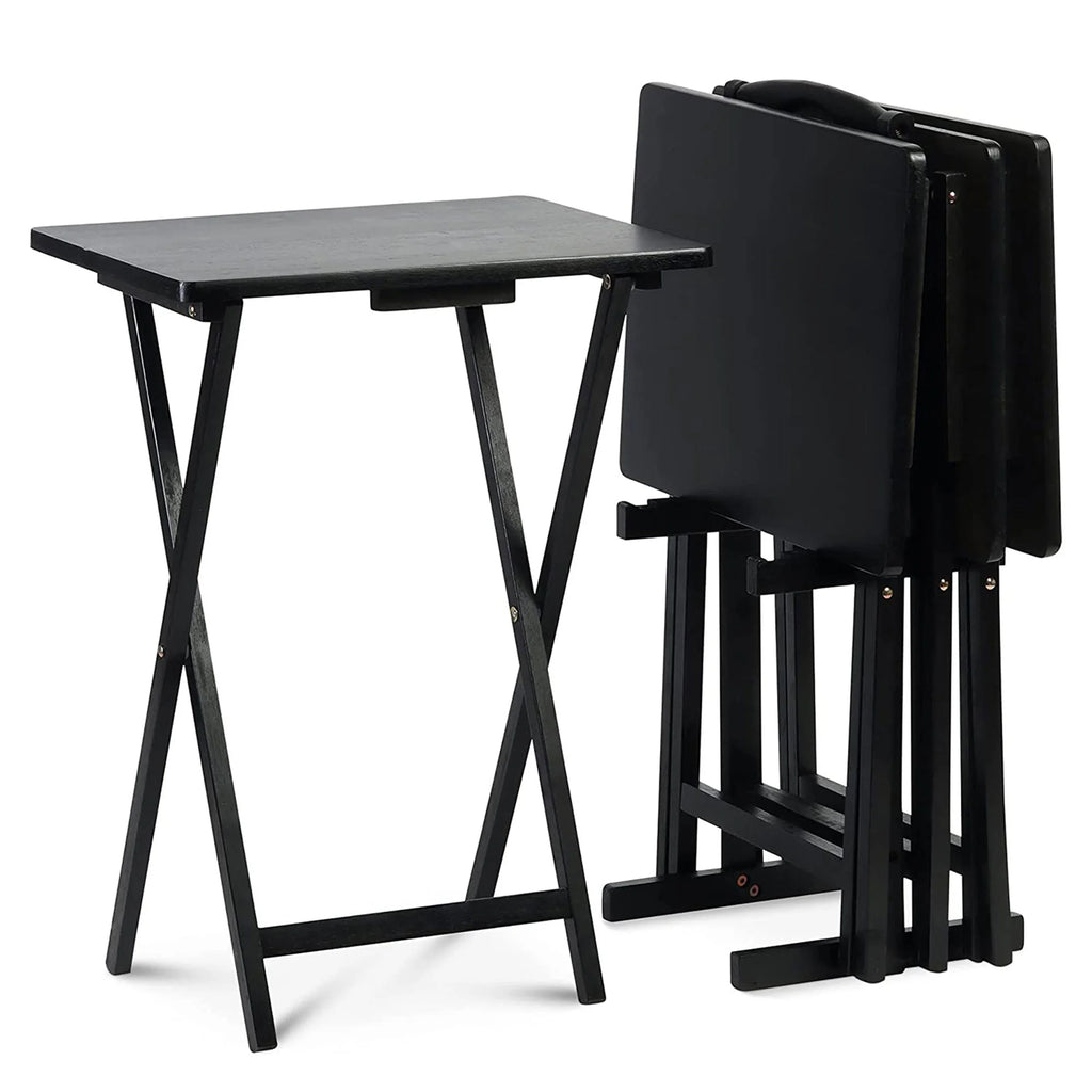 Black 5 Piece Set Folding TV Tray Tables with Storage Rack R744