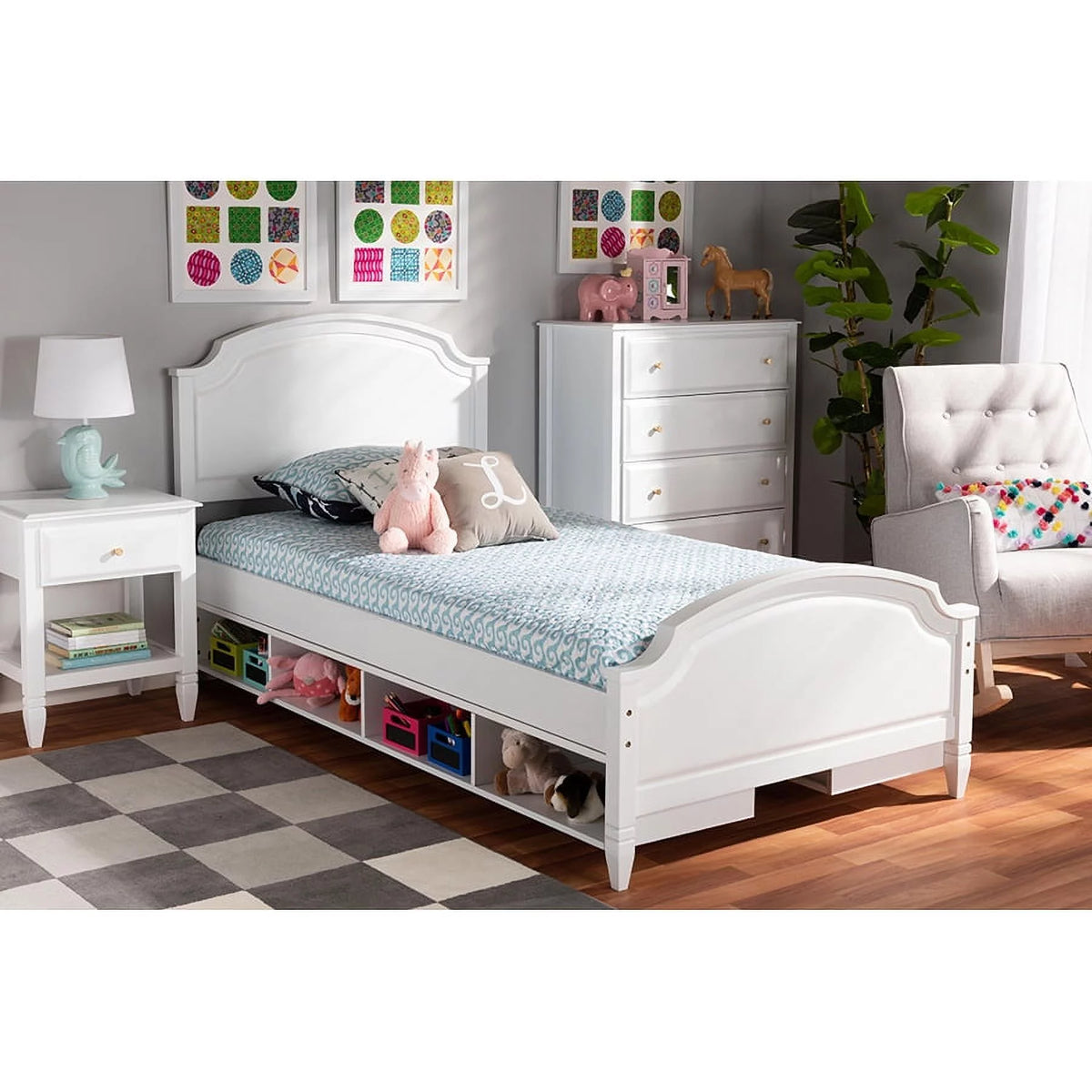 White Wood Twin Size Storage Platform Bed I384811
