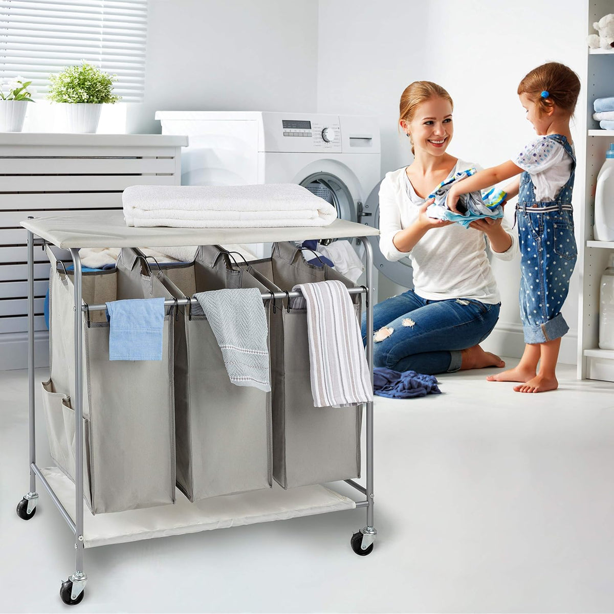 Beige 3 Section Rolling Laundry Sorter with Ironing Board N53082