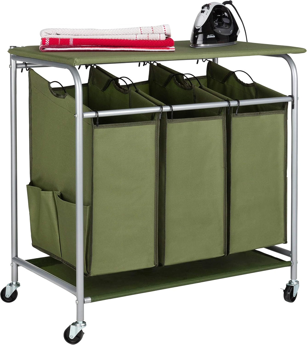 Beige 3 Section Rolling Laundry Sorter with Ironing Board N53082