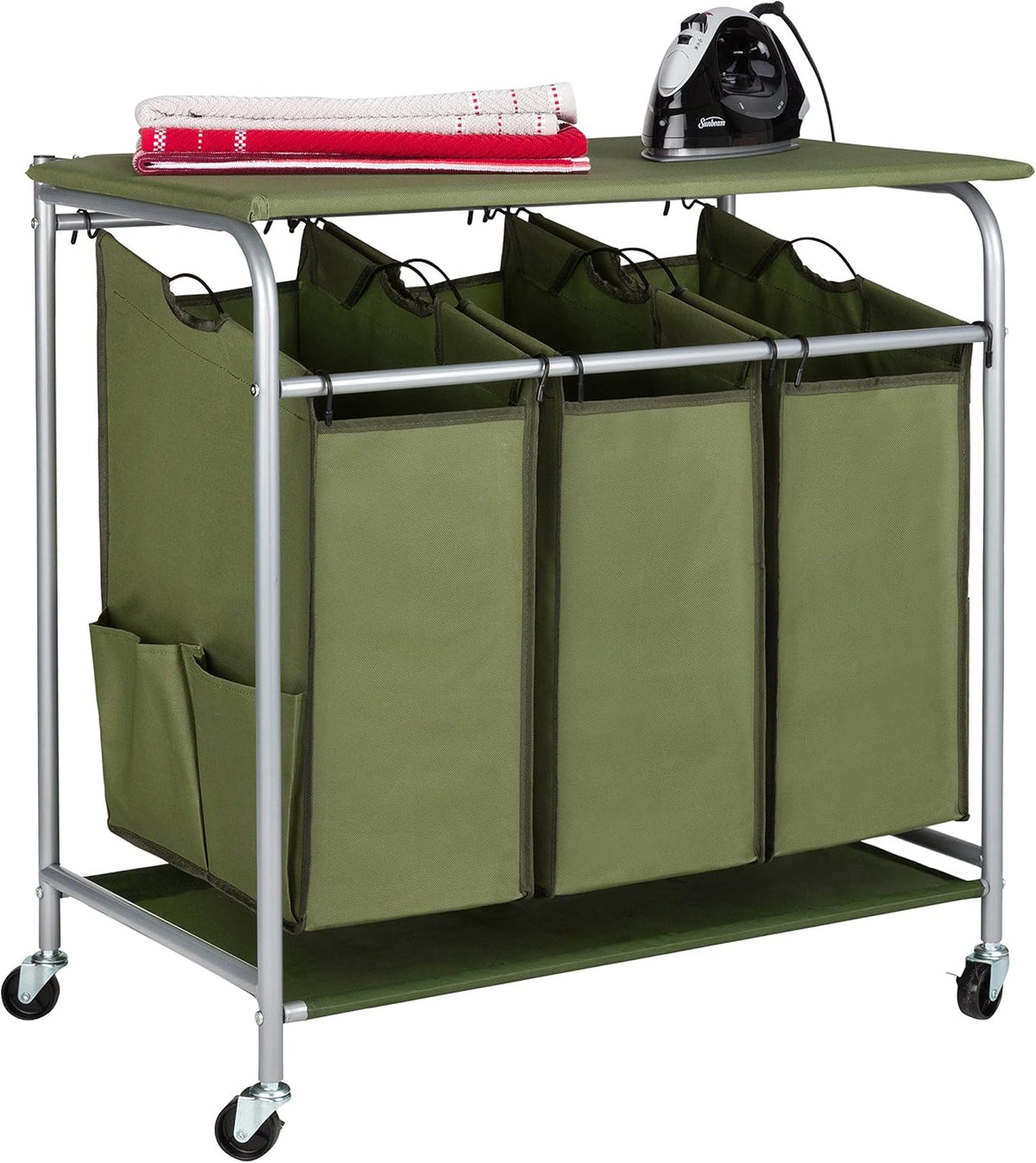 Beige 3 Section Rolling Laundry Sorter with Ironing Board N53082