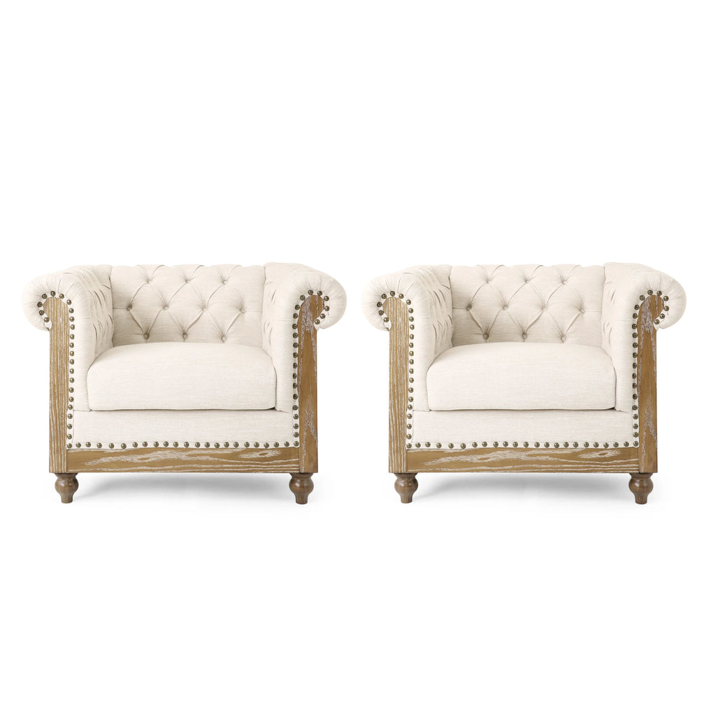 Beige and Dark Brown Fabric Chesterfield Club Chairs, Set of 2 Z5556