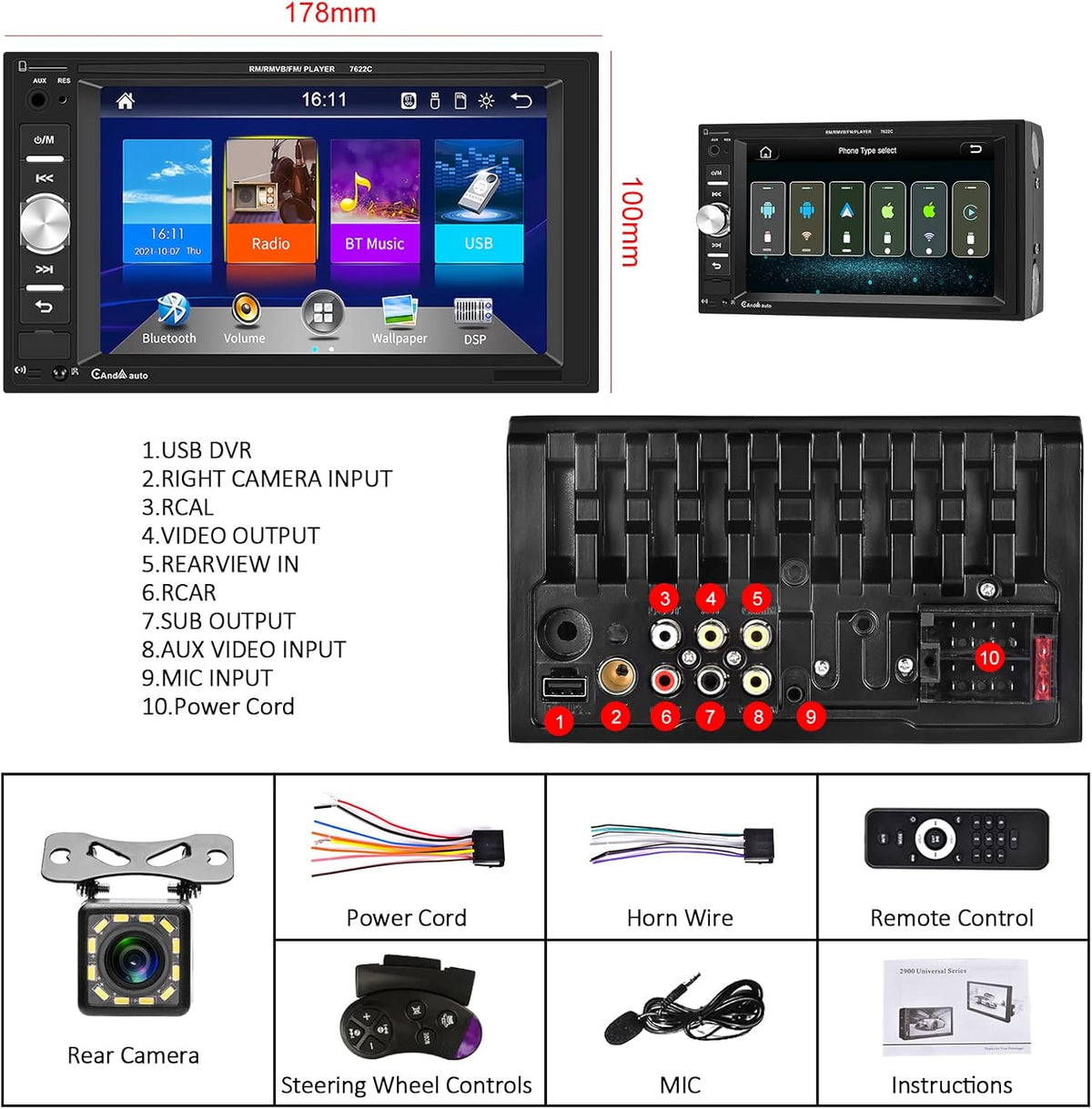 6.2 Inch Double Din Car Stereo with Carplay Android Auto C419013