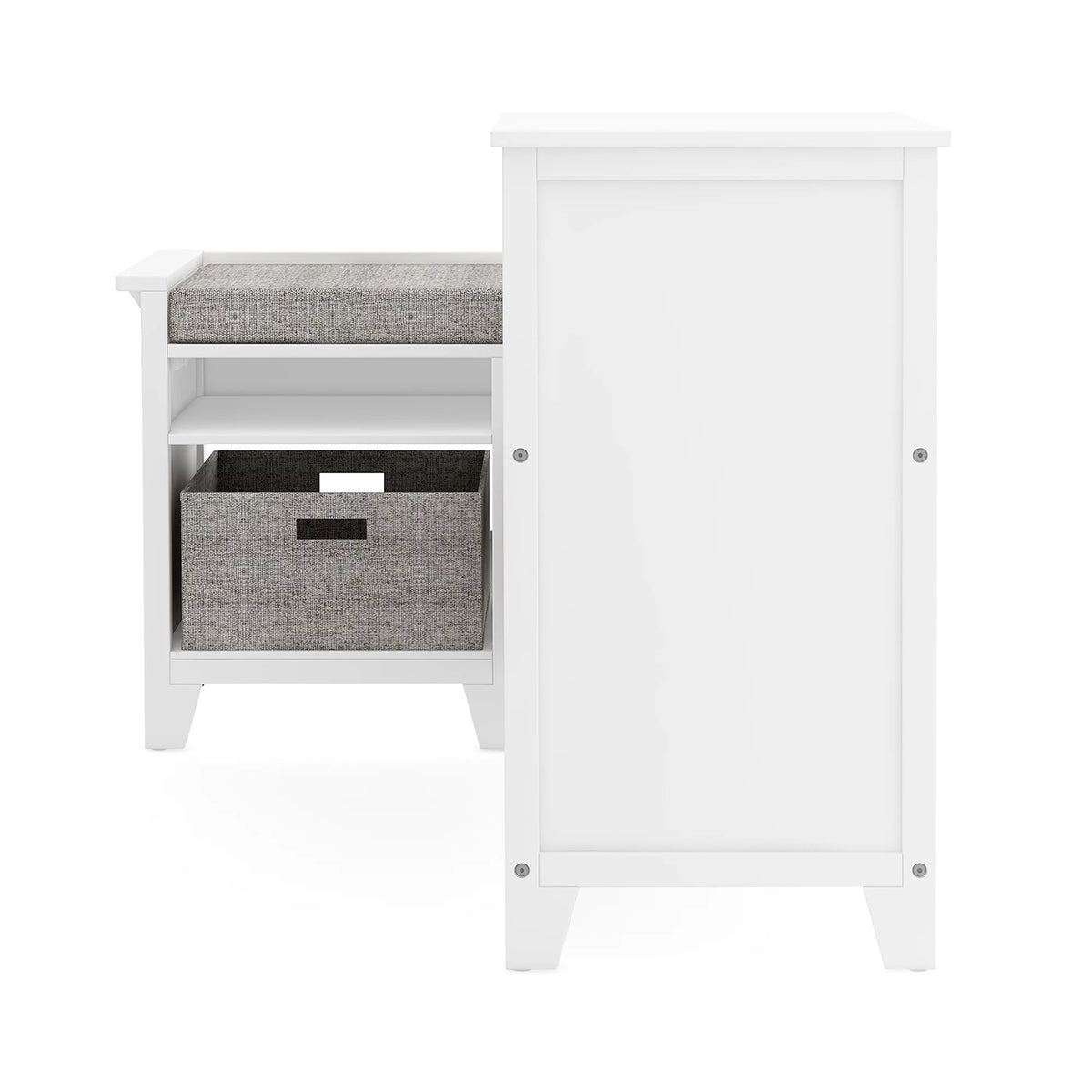 White Wooden Storage Bookcase with Seat Cushion and Fabric Bins A360