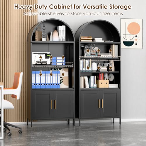 73 in Tall Black 5-Tier Metal Arched Bookcase with Doors V738