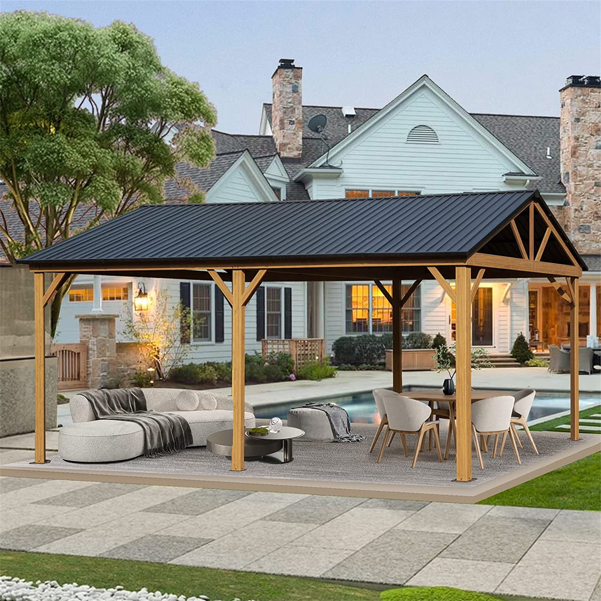 12 x 20ft Hardtop Galvanized Steel Gazebo with Wood Grain Aluminum Frame X50376