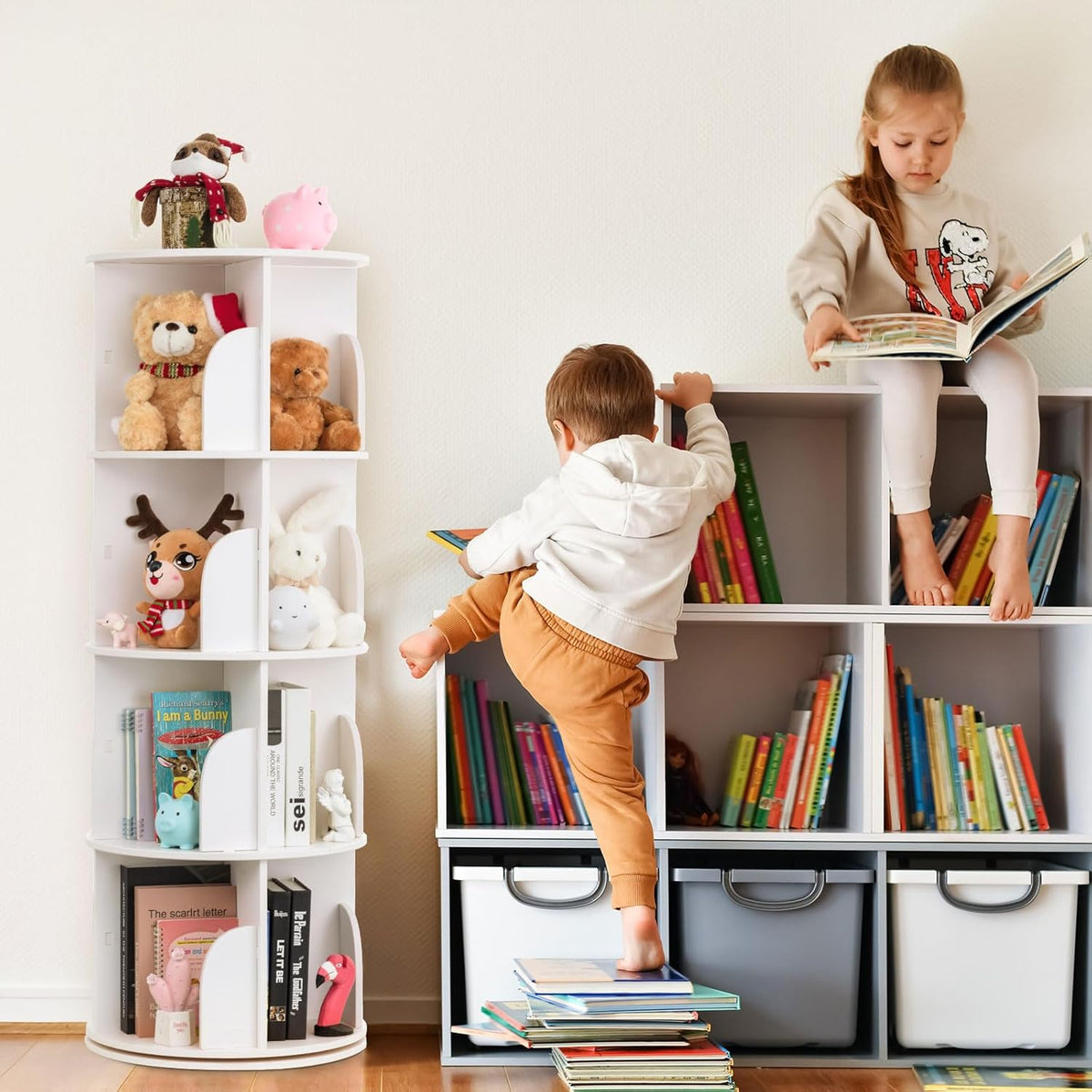 White 4 Tier 360 Rotating Wood Bookshelf R73953