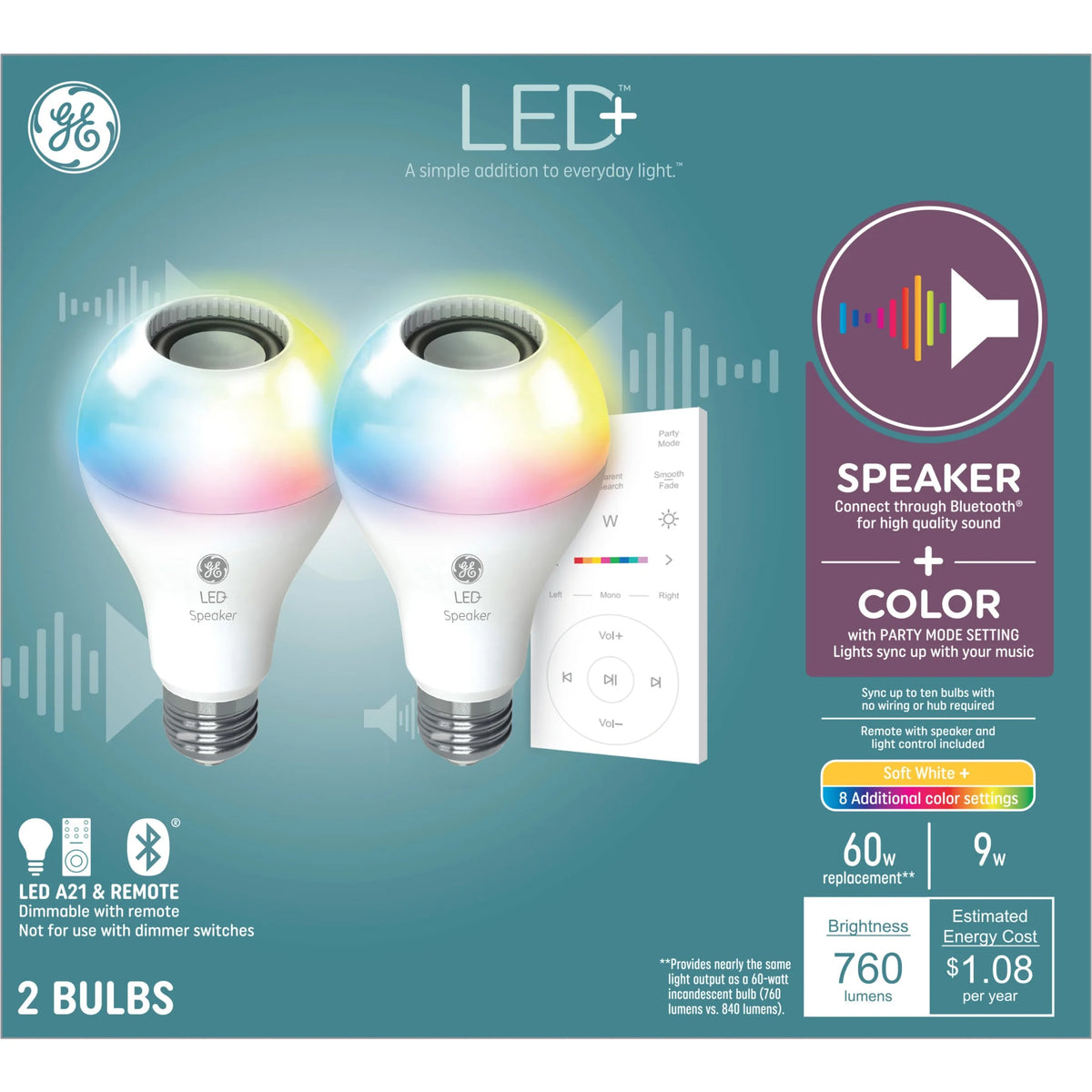 2pk Color Changing 60 Watt LED Light Bulb B77594