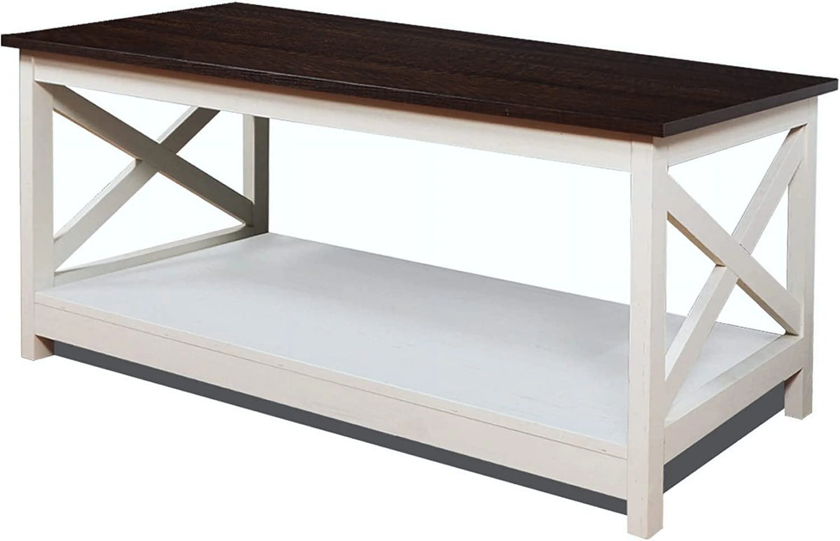 Vintage White/Espresso 40 Inch 2-Tier Wood Coffee Table J23108