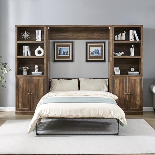 Queen Size Wall Murphy Bed with 2 Side Cabinet Storage Shelf and Built-in USB Ports J921340