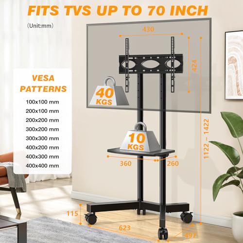 Mobile TV Stand with Wheels, Height Adjustable Rolling TV Cart with Laptop Shelf A9453
