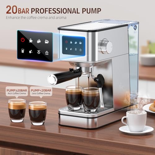 Silver Stainless Steel Espresso Machine with Milk Frother, 20 Bar, 57.5oz Water Tank D1395