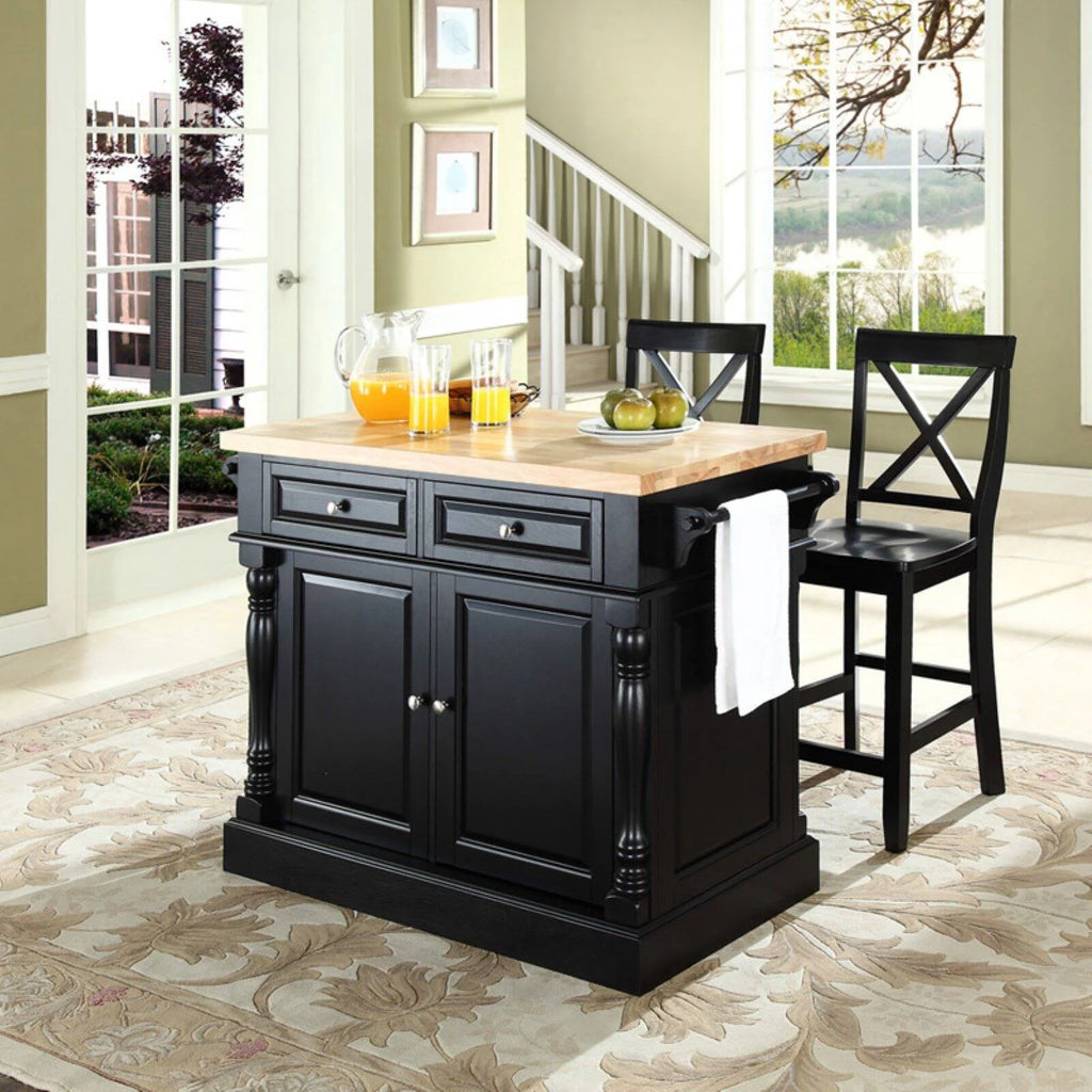 Black Wood Kitchen Island with Stools T454542