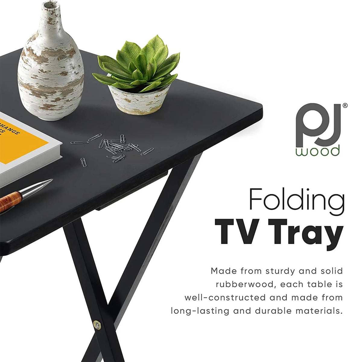 Black 5 Piece Set Folding TV Tray Tables with Storage Rack R744