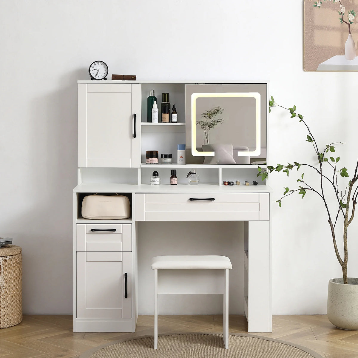 White Vanity Table with Lighted Mirror and Stool P9005