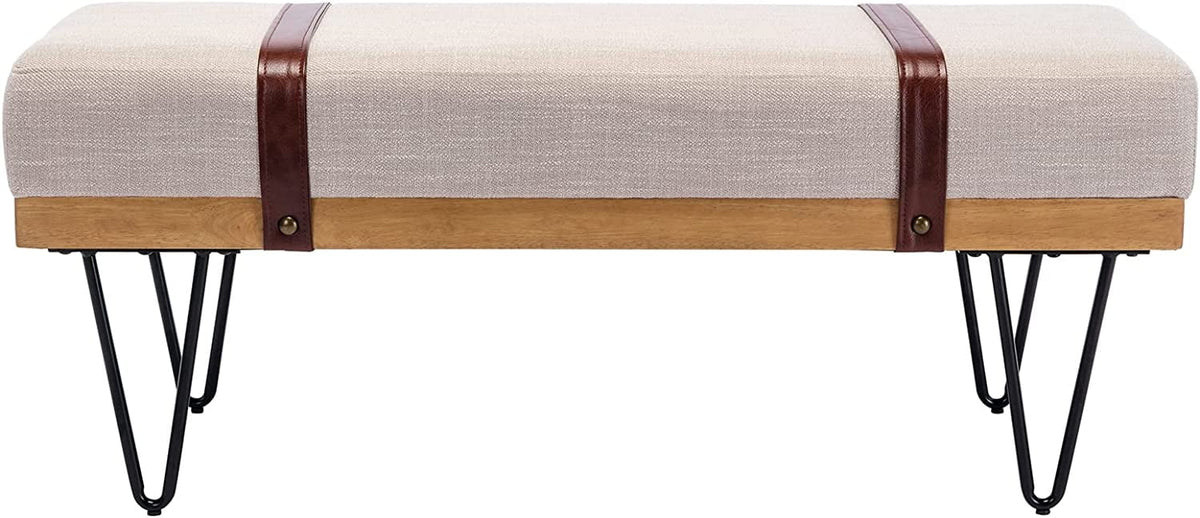 Beige Linen Rectangle Ottoman Bench with Metal Legs S653117