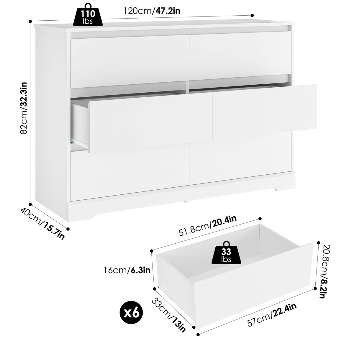 White 6 Drawer Wood Dresser K492993