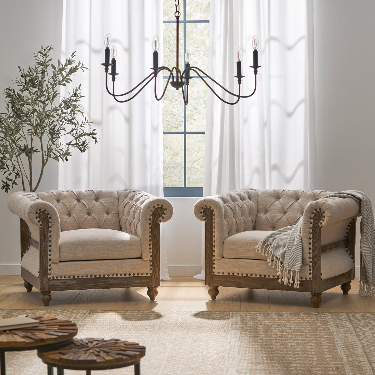 Beige and Dark Brown Fabric Chesterfield Club Chairs, Set of 2 Z5556