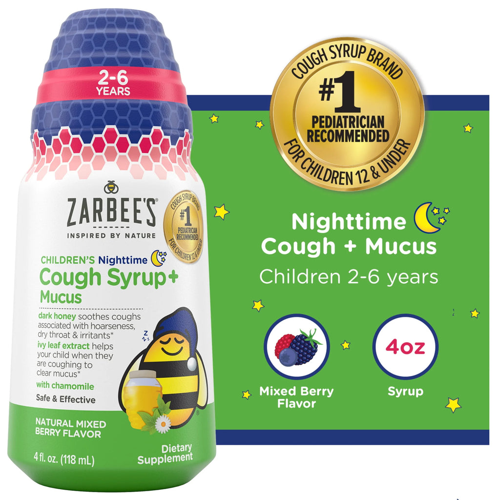 Kids Cough + Mucus Nighttime Syrup with Honey, Ivy Leaf, Zinc & Elderberry, Mixed Berry, 4FL Oz R350396