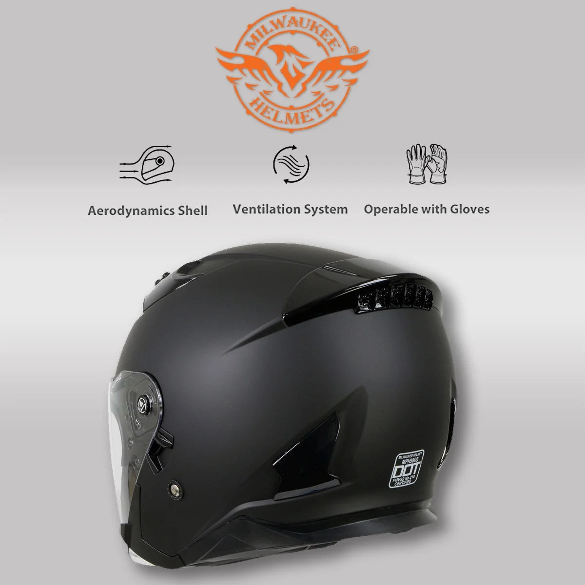 Matte Black Open Face 3/4 Helmet with Drop Down Tinted Visor I6818