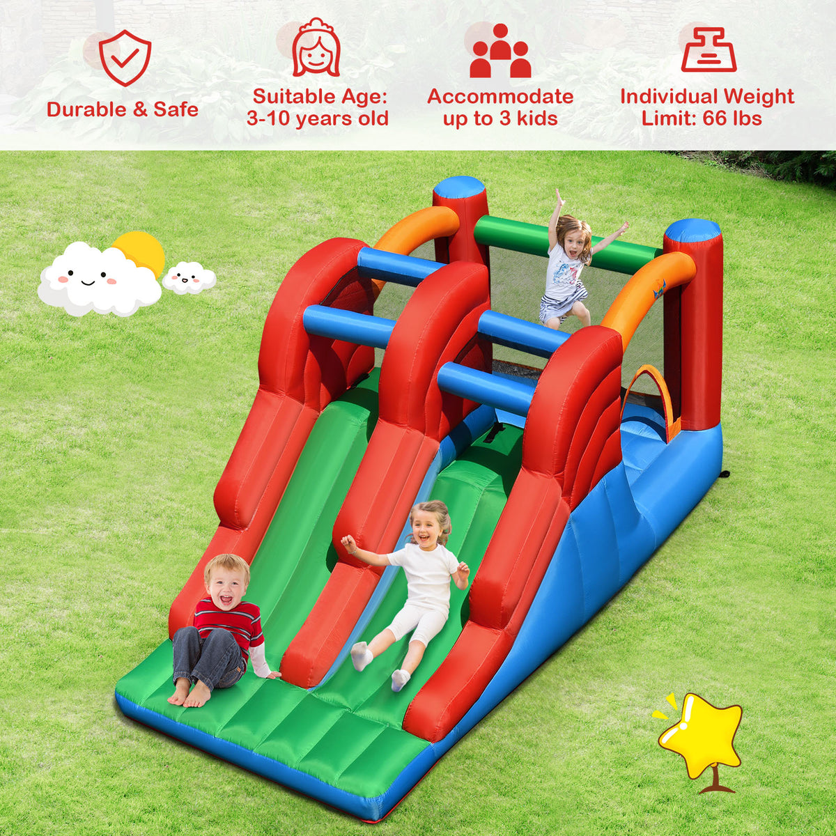 Inflatable Bounce House 3-in-1 Dual Slides Jumping Castle with Blower C699497