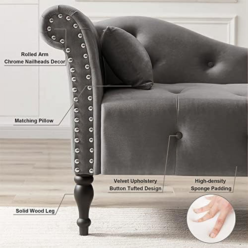 Grey Velvet Tufted Chaise Lounge Chair with Pillow P819662