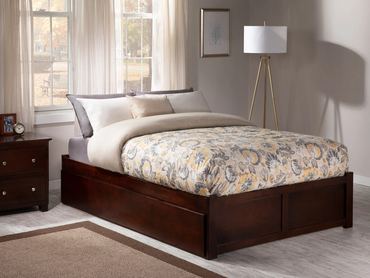 King Solid Wood Platform Bed with Footboard and Twin XL Trundle in Walnut U5774