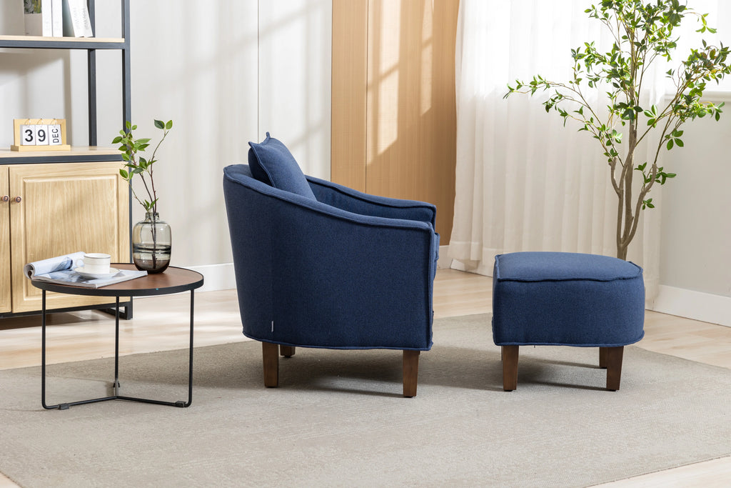 Navy Linen Accent Chair with Ottoman and Wood Legs G31988
