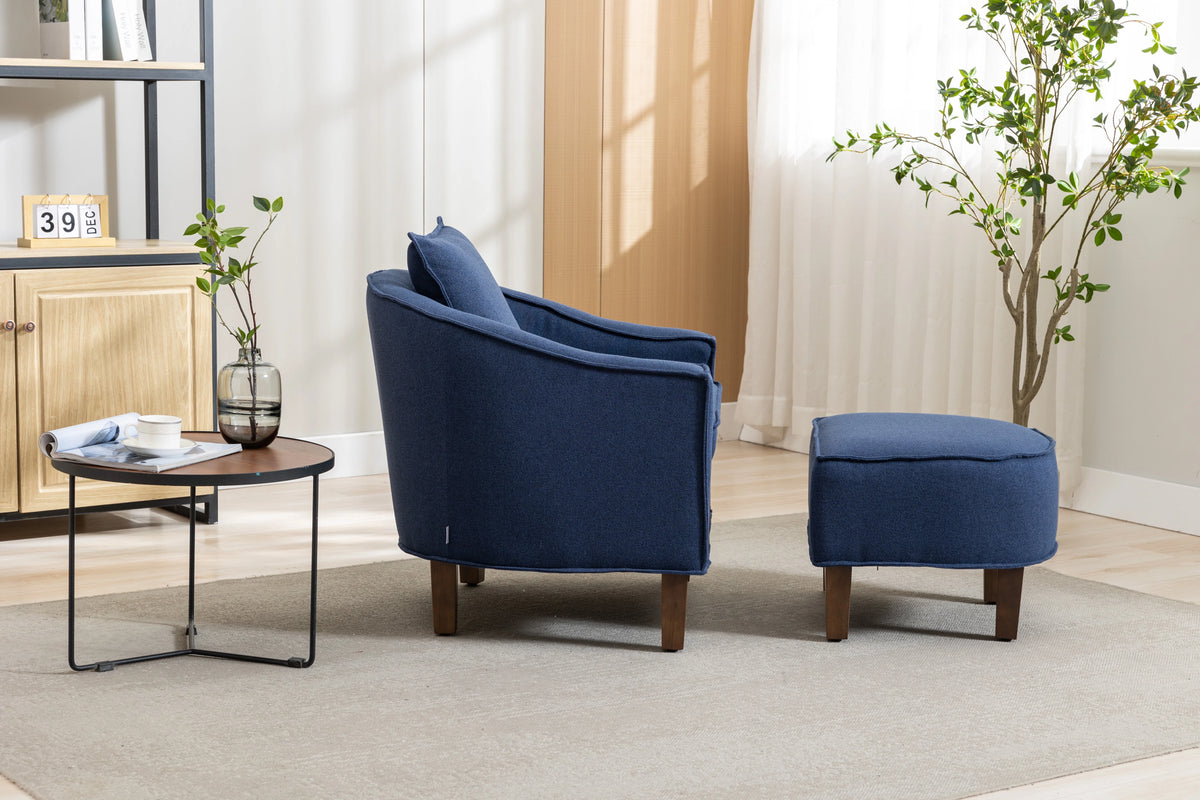 Navy Linen Accent Chair with Ottoman and Wood Legs G31988