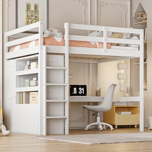 White Full Size Wood Loft Bed with Desk and Wardrobe E450