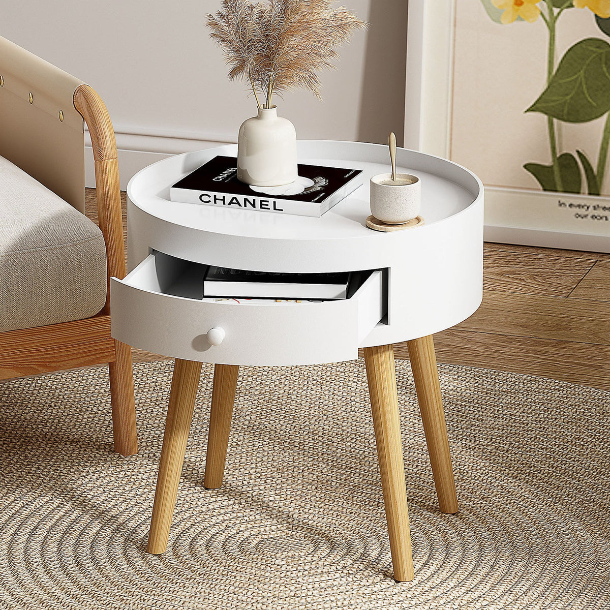 Modern Coffee Table with Drawer, Wood Legs, White, 18" H F15856