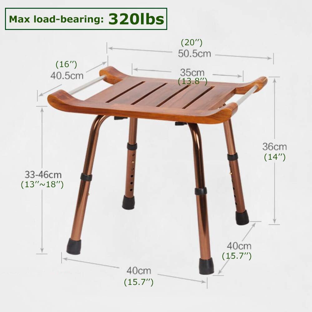 Wood Bath Shower Stool with Arm Teak Bath Bench Stool with Non-Slip Feet Adjustable Height Shower Seat Lightweight Bathtub Chair B252