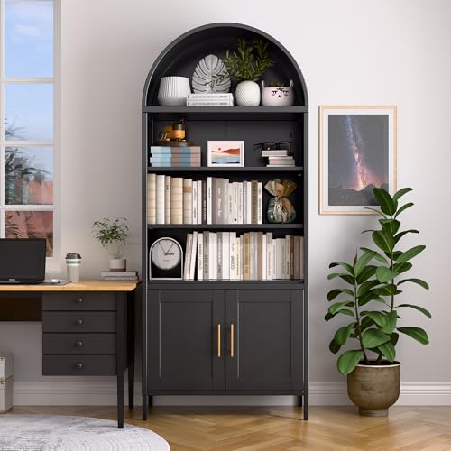 73 in Tall Black 5-Tier Metal Arched Bookcase with Doors V738