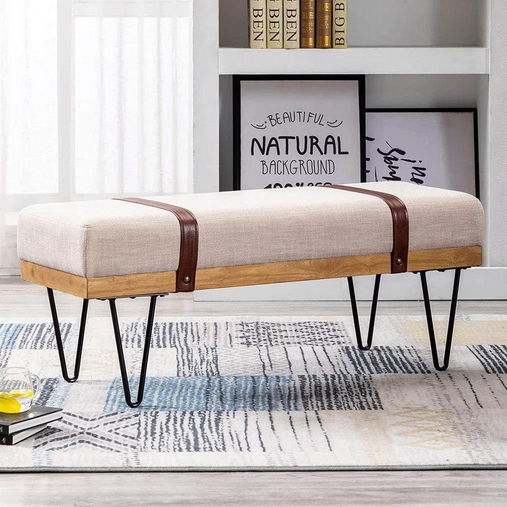 Beige Linen Rectangle Ottoman Bench with Metal Legs S653117
