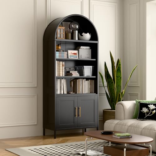 73 in Tall Black 5-Tier Metal Arched Bookcase with Doors V738