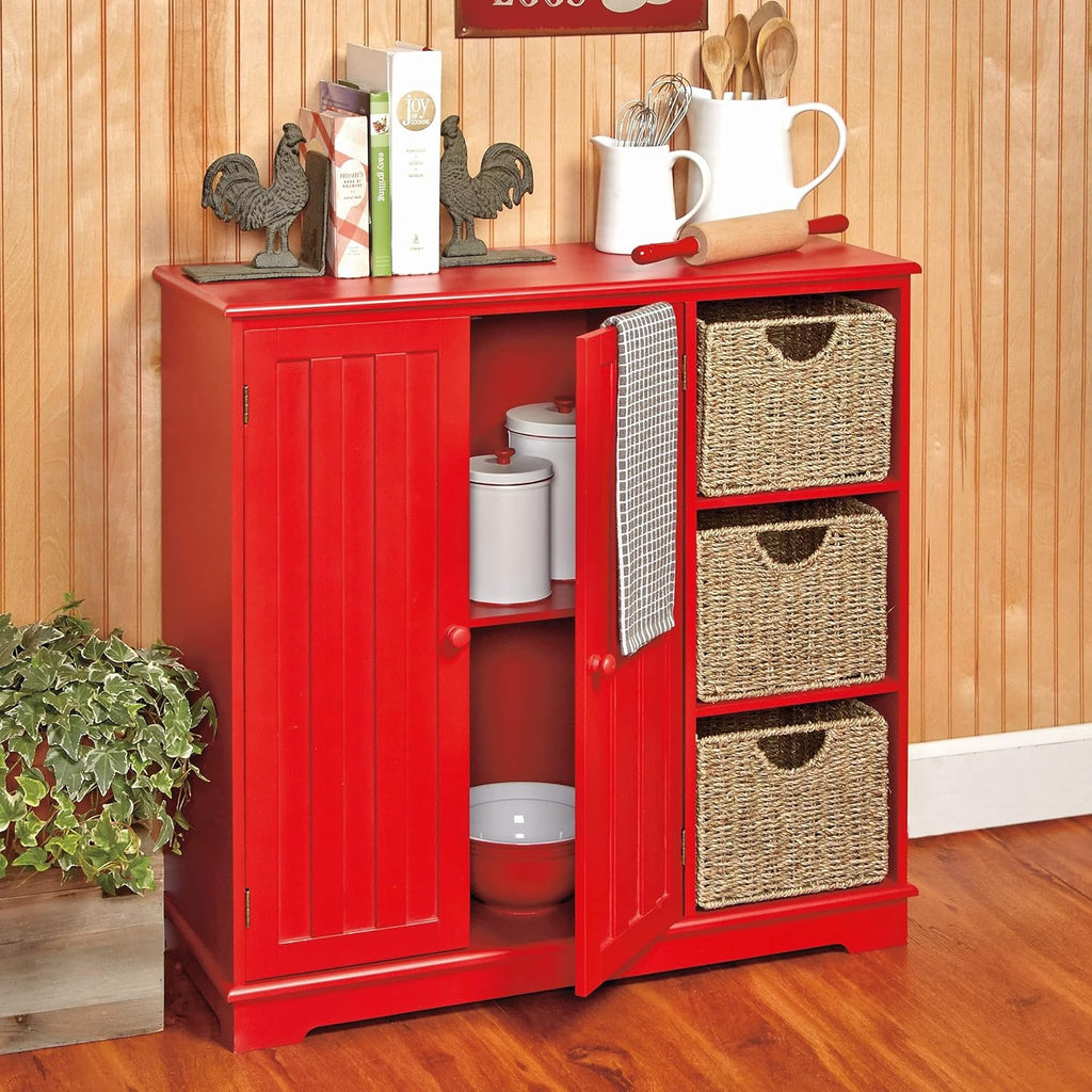 Red Beadboard Buffet Cabinet with Storage M8511