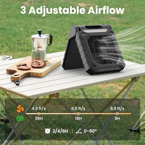 Solar Camping Fan with Lantern, Rechargeable Battery Operated, 4 Speeds, 8H Timer U517607