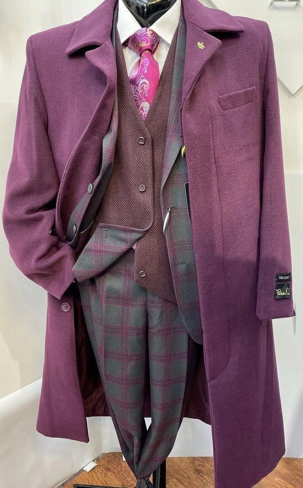 Burgundy Full Length Belted Wool Topcoat T43484