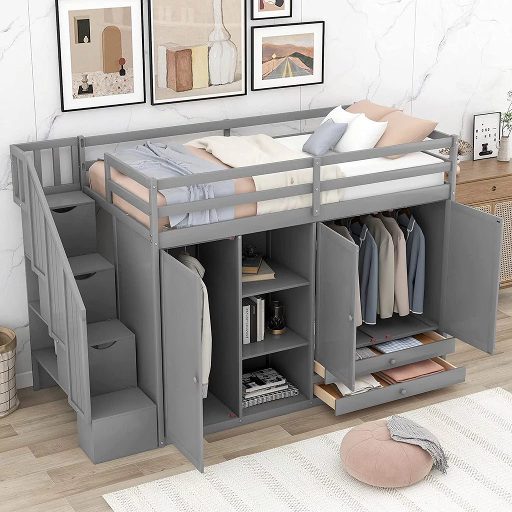 Solid Wood Loft Bed with Stairs, 2 Wardrobes, 3 Shelves and 2 Drawers, Gray K860