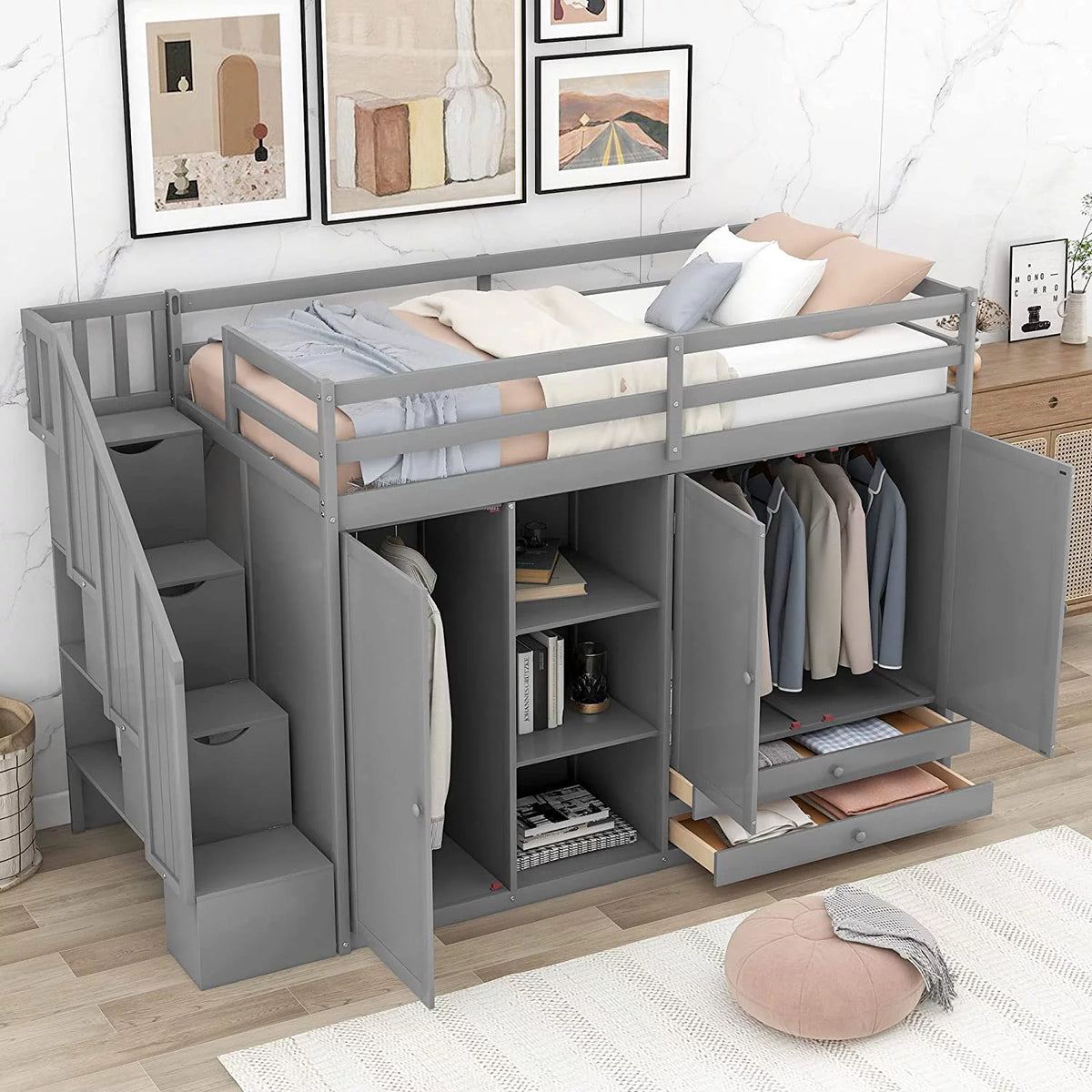 Solid Wood Loft Bed with Stairs, 2 Wardrobes, 3 Shelves and 2 Drawers, Gray K860