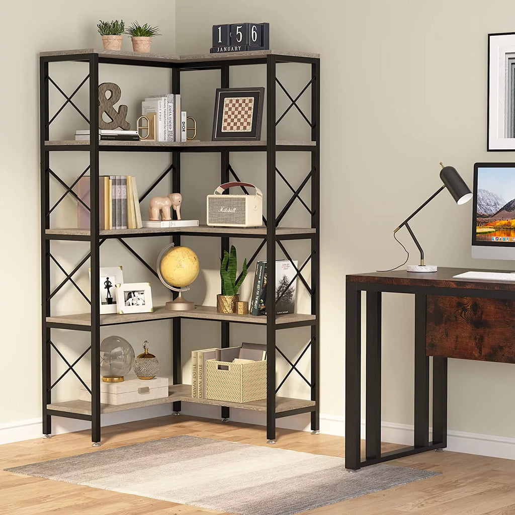 5-Shelf Corner Bookshelf with Metal Frame T592
