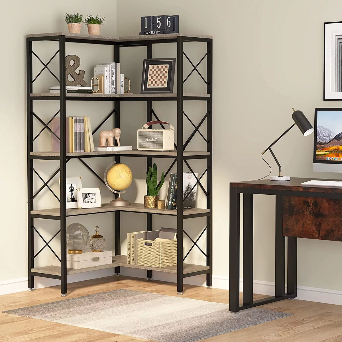 5-Shelf Corner Bookshelf with Metal Frame T592