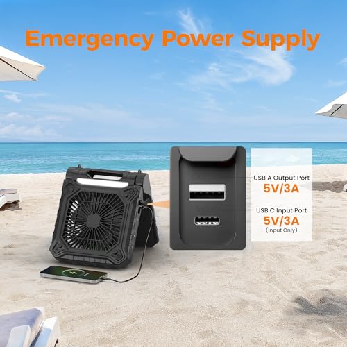Solar Camping Fan with Lantern, Rechargeable Battery Operated, 4 Speeds, 8H Timer U517607
